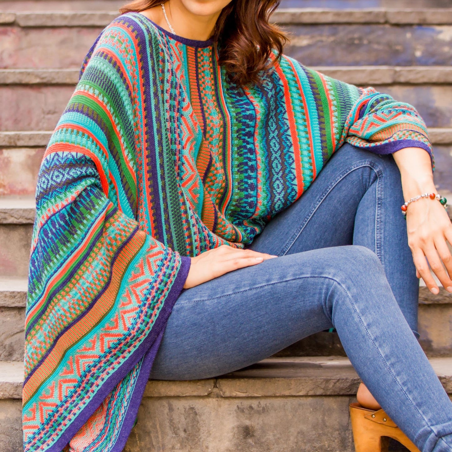 Bohemian Knit Sweater from Peru in Turquoise Stripes - Lima Dance