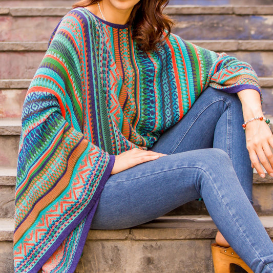 Bohemian Knit Sweater from Peru in Turquoise Stripes - Lima Dance
