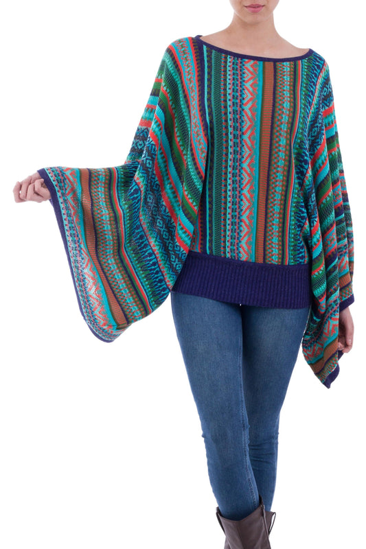 Bohemian Knit Sweater from Peru in Turquoise Stripes - Lima Dance