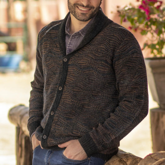 Azure and Sunrise Men's 100% Alpaca Cardigan from Peru - Warm Waves