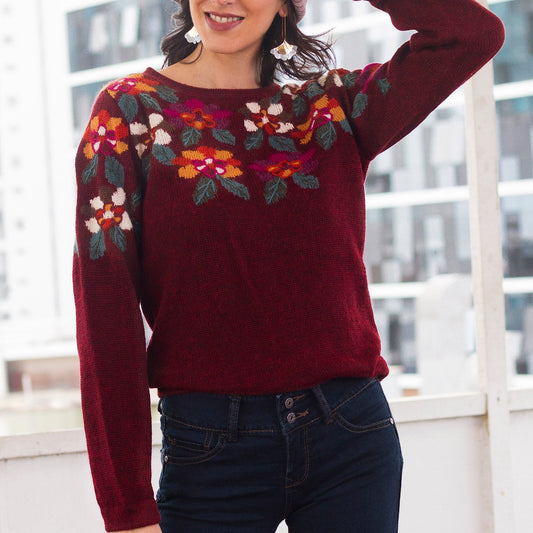 Burgundy Floral Intarsia Knit 100% Alpaca Sweater - Burgundy Garden