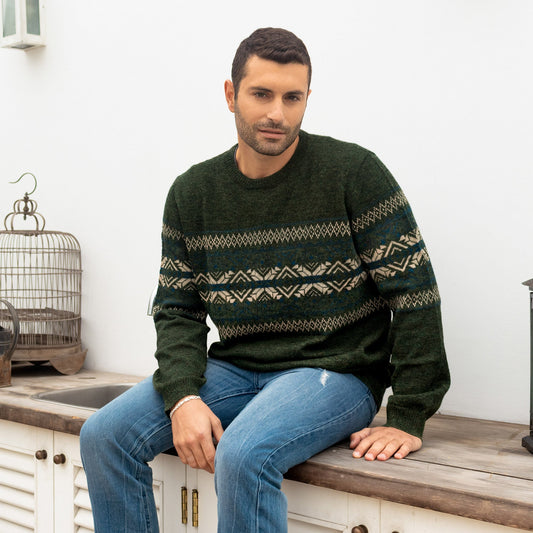 100% Alpaca Men's Pullover Sweater with Geometric Design - Peruvian Forest