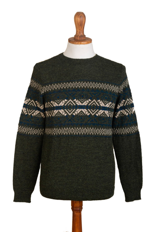 100% Alpaca Men's Pullover Sweater with Geometric Design - Peruvian Forest