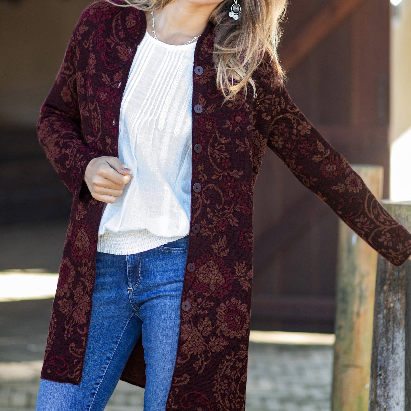 Burgundy 100% Baby Alpaca Long Cardigan with Mandarin Collar - Dream Garden in Burgundy
