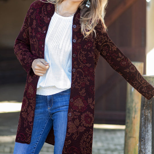 Burgundy 100% Baby Alpaca Long Cardigan with Mandarin Collar - Dream Garden in Burgundy