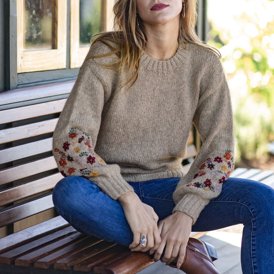Beige Alpaca Blend Pullover Sweater with Floral Embroidery - Autumn Breeze